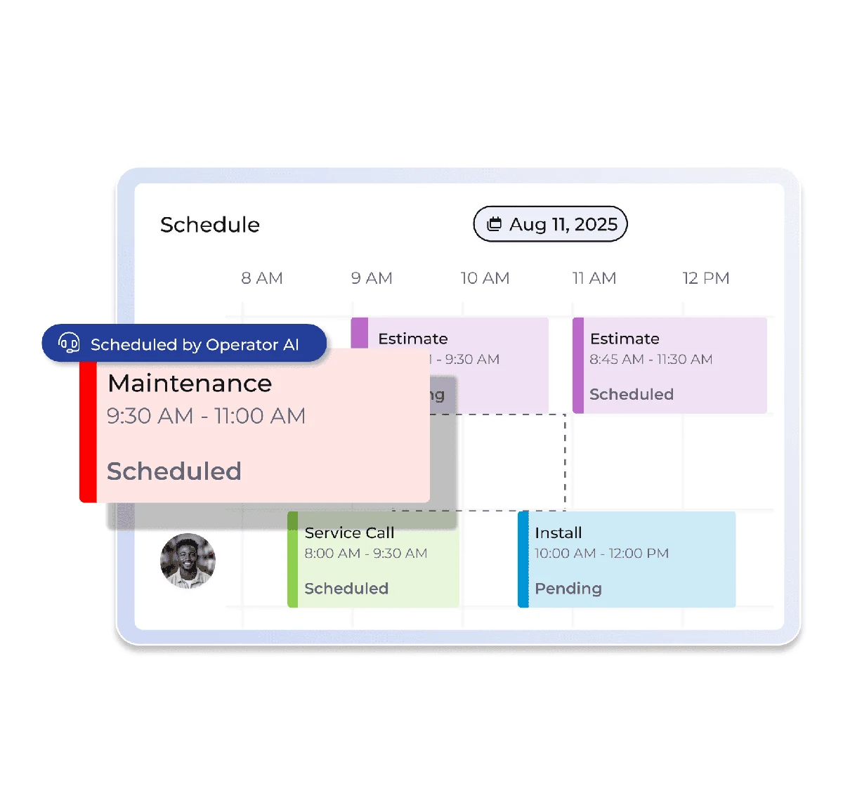 FieldPulse Operator AI booking interface showing the AI dispatcher accepting an inbound call, capturing customer details, suggesting available appointment slots from the live FieldPulse calendar, and confirming the booking with automated SMS notification to the assigned technician