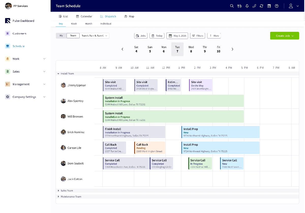 FieldPulse desktop schedule and dispatch board showing a multi-day calendar view with technician swim lanes, color-coded job types across HVAC plumbing and electrical trades, drag-and-drop appointment blocks, and the customer information sidebar visible on the right
