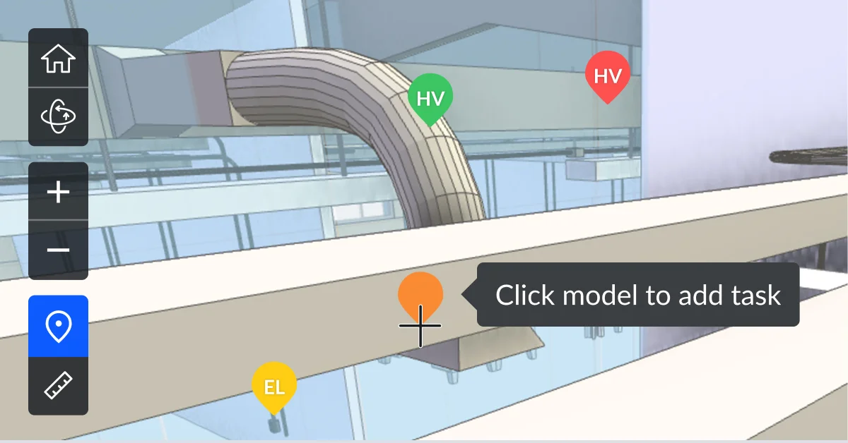 Fieldwire 3D BIM model showing structural beam with HV (HVAC) and EL (electrical) location pins, with a tooltip 'Click model to add task' demonstrating the new 3D task placement workflow shipped April 7, 2026