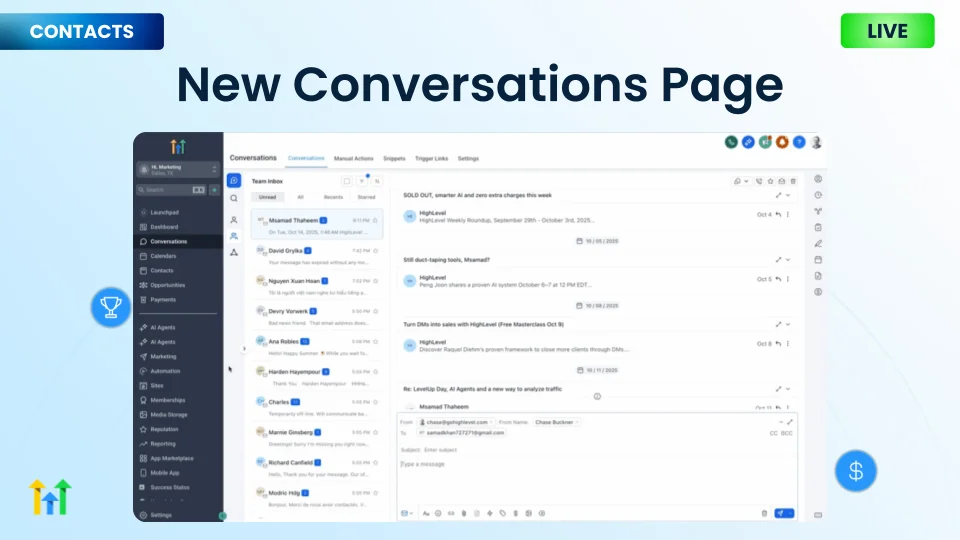 GoHighLevel conversations page showing the real app navigation with AI Agents, Automation, Reputation, App Marketplace, Calendars, Opportunities, Memberships, and Payments in the left sidebar alongside the unified inbox