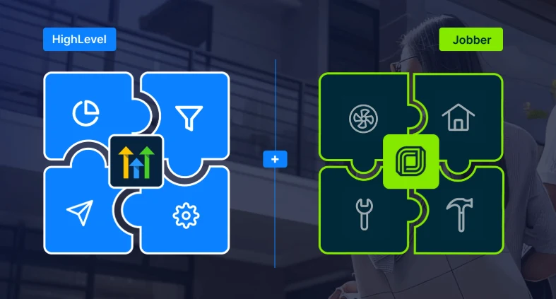 Jobber and GoHighLevel stack illustration — two puzzle-piece groups representing the field service operations side (Jobber, with HVAC, home services, wrench, and hammer trade icons) and the marketing and AI side (GoHighLevel, with analytics, funnel, paper plane, and settings icons) joined by a plus sign