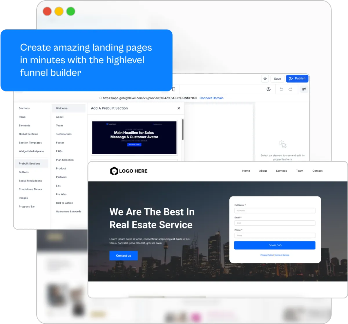 GoHighLevel funnel and landing page builder showing the drag-and-drop editor with prebuilt section templates on the left, the editor canvas in the middle, and a published real estate landing page with a contact form preview on the right