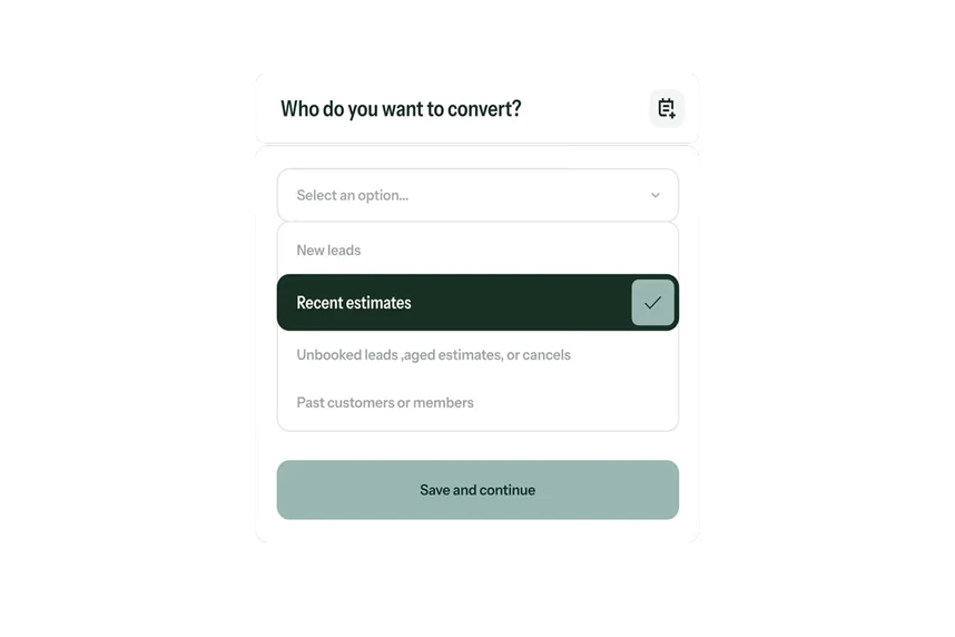 Hatch Journey Builder audience selector — choosing new leads, recent estimates, unbooked leads, or past customers as the trigger source for an AI nurture sequence