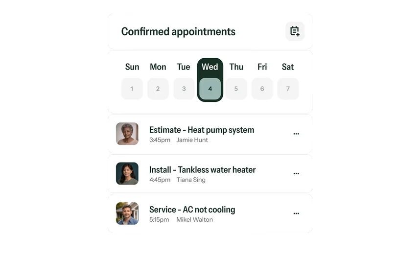 Hatch confirmed-appointments calendar UI showing AI-booked HVAC service jobs synced to ServiceTitan — heat pump system estimate at 3:45pm, tankless water heater install at 4:45pm, AC service call at 5:15pm