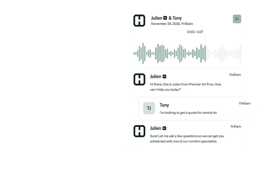 Hatch Voice AI handling an HVAC central air quote inquiry — autonomous AI agent named Julien at Premier Air Pros taking a 4-minute 27-second call with customer Tony, with full transcript and conversation history
