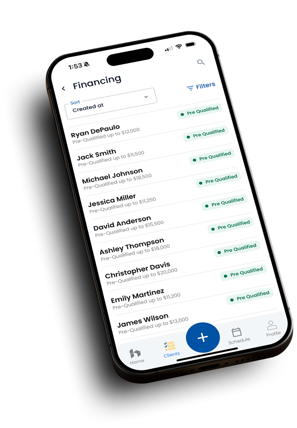 Hearth mobile app interface showing customer financing options on a smartphone