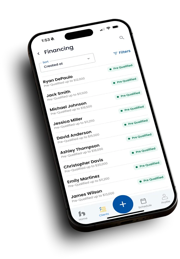Hearth mobile app interface showing customer financing options on a smartphone