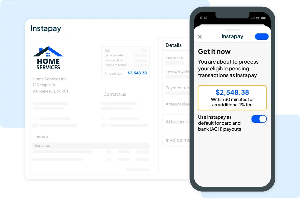 Housecall Pro Instapay screen showing a $2,548.38 invoice on desktop and a phone prompt to receive the payout within 30 minutes for an additional 1% fee