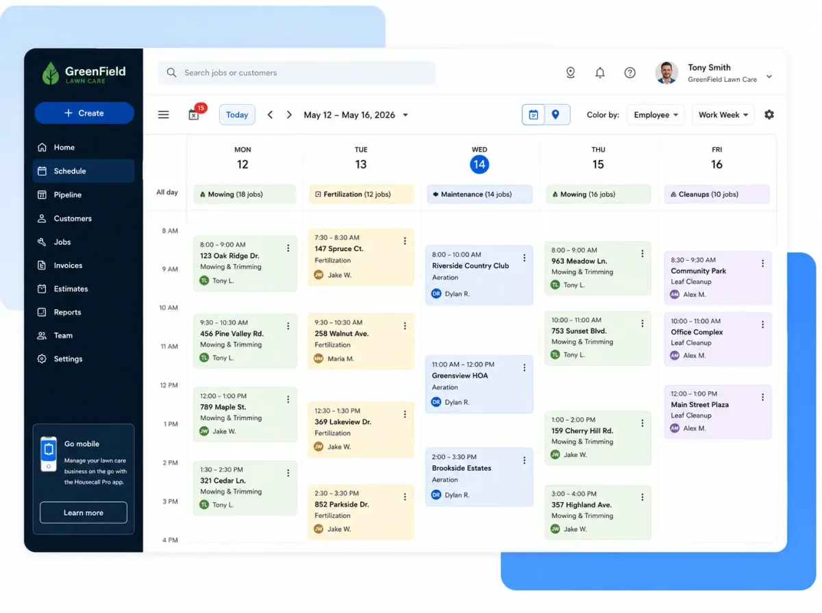 Housecall Pro scheduling calendar in week view showing color-coded jobs for a lawn care company across Monday through Friday, with the customer name, service type, and assigned tech on each job block