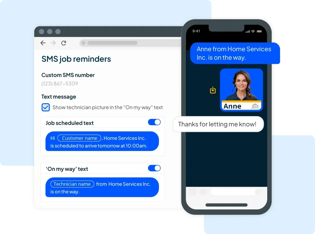 Housecall Pro SMS job reminders settings with toggles for the job scheduled text and the on-my-way text, next to a phone showing the on-my-way message with the technician's photo