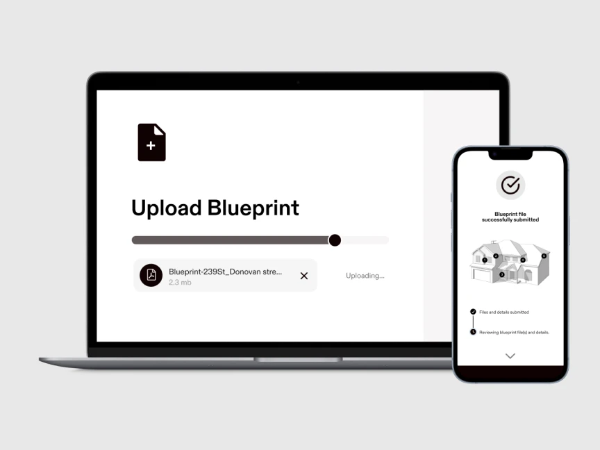 Hover blueprint upload workflow showing desktop file upload and mobile progress