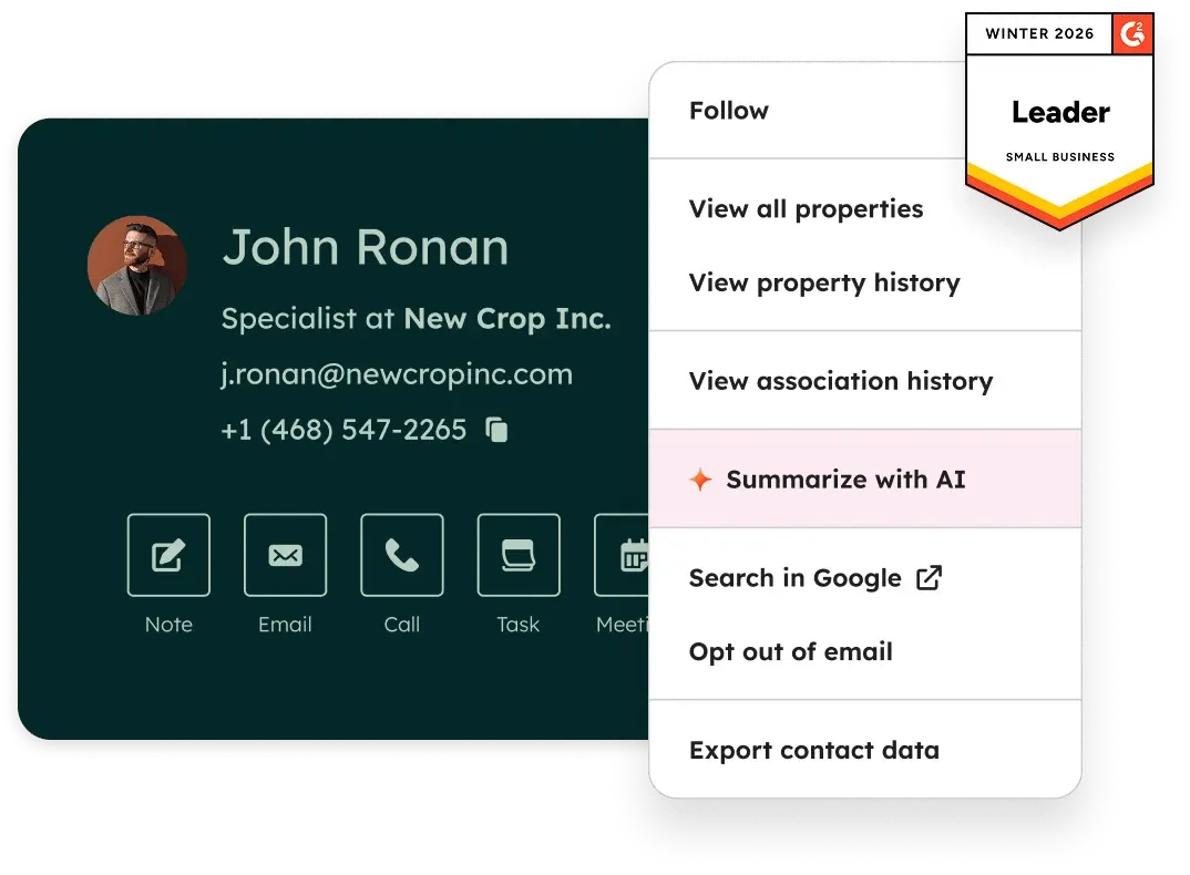 HubSpot CRM contact record showing contact details, activity timeline, and available actions