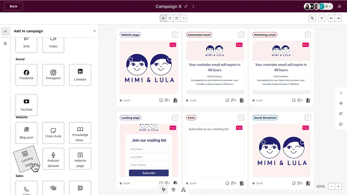HubSpot Marketing Studio dashboard showing campaign performance, email metrics, and content analytics