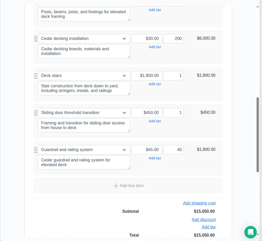 Invoicer.ai estimate editor showing five AI-generated line items for a cedar deck job with unit rates, quantities, and a $15,050 subtotal