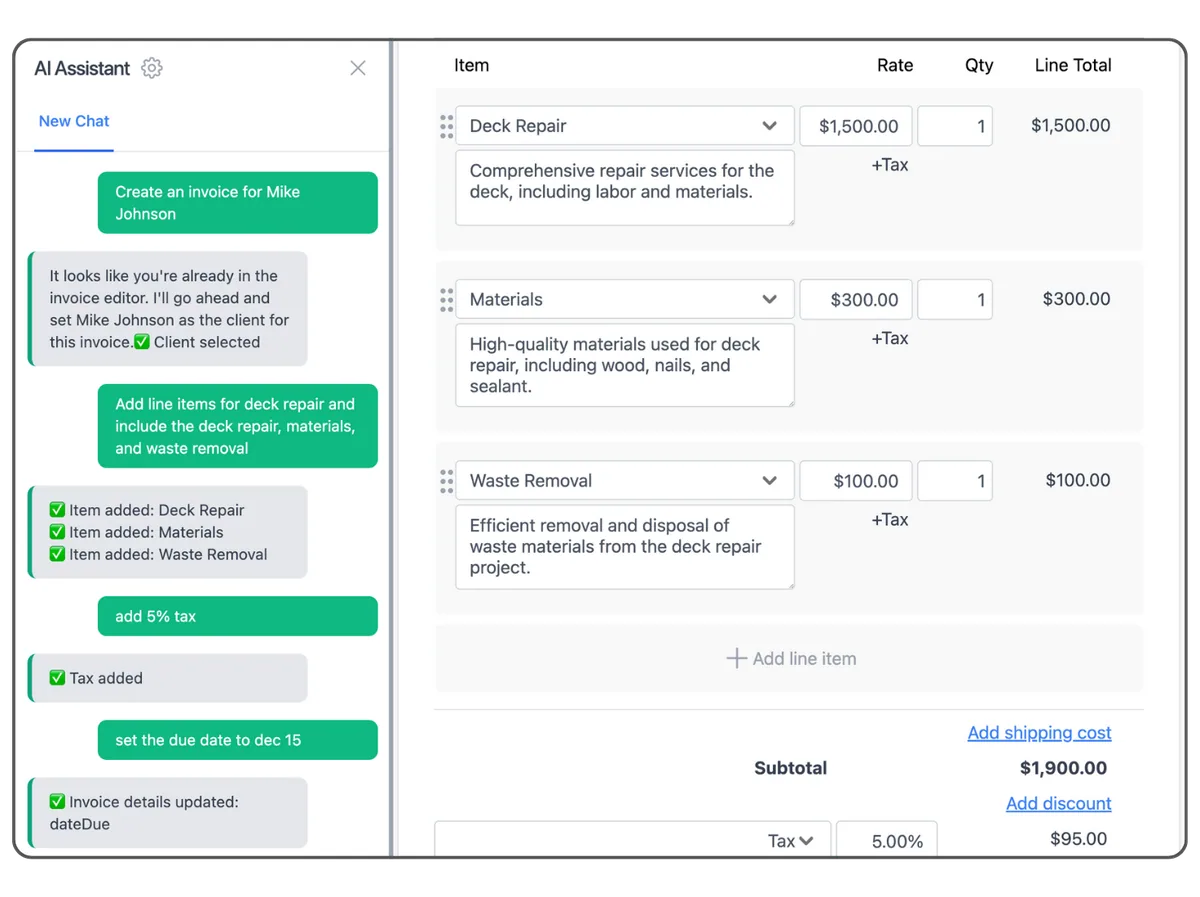 Invoicer.ai AI Assistant side panel building a deck repair invoice from chat prompts, with line items for deck repair, materials, and waste removal appearing in the editor on the right