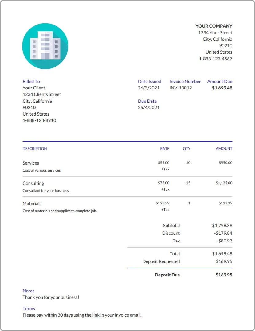 Rendered Invoicer.ai invoice showing three line items for services, consulting, and materials, a discount and tax line, and a separate deposit requested and deposit due total