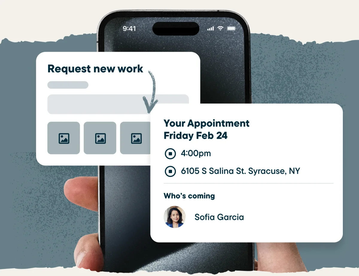 Jobber client communication interface showing 24/7 availability and two-way messaging