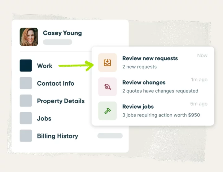 Jobber client detail view showing customer contact information, job history, and notes