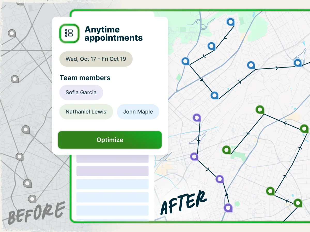 Jobber route optimization map showing technician locations and optimized job routing