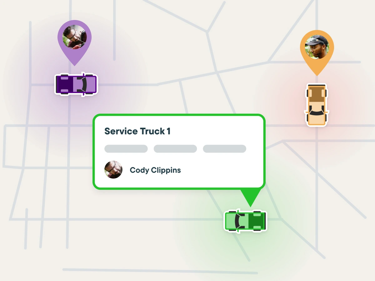 Jobber scheduling dashboard showing vehicle tracking and technician locations on a map