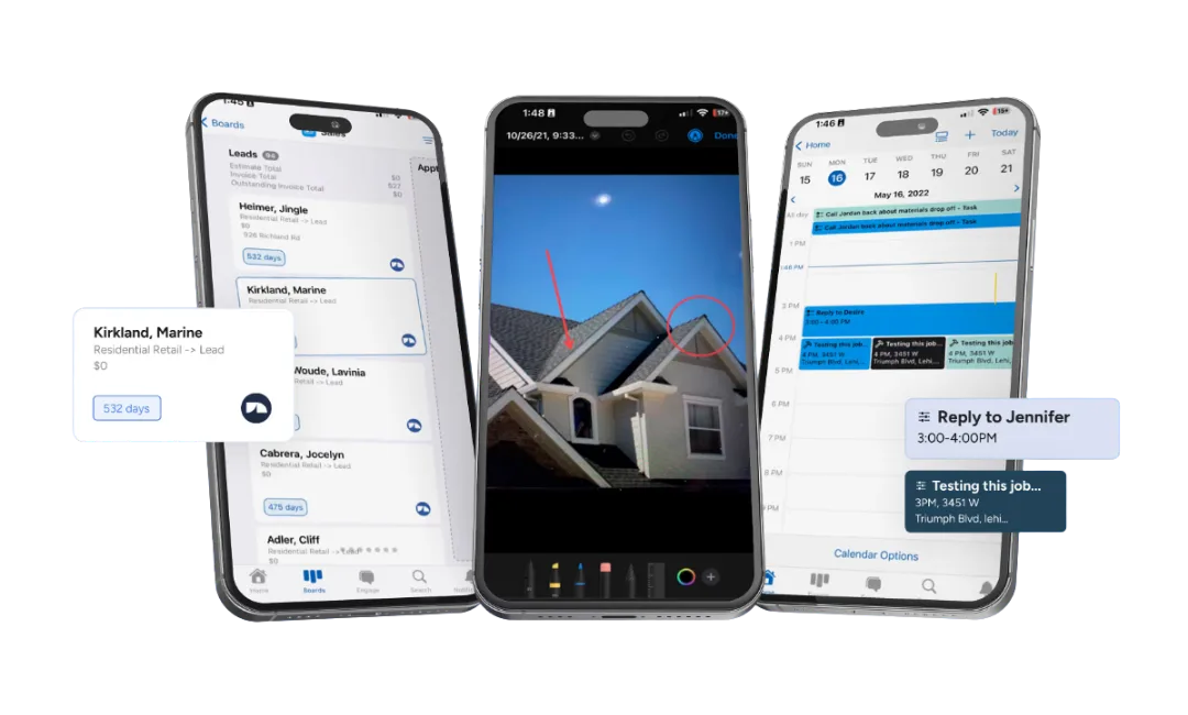 JobNimbus mobile app showing contact management, photo documentation, and team communication