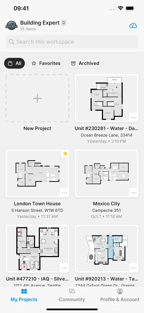 The magicplan iOS app home screen showing project list with thumbnail previews of recent floor plans, including residential rooms with measurements visible — the project hierarchy view contractors see when launching the app