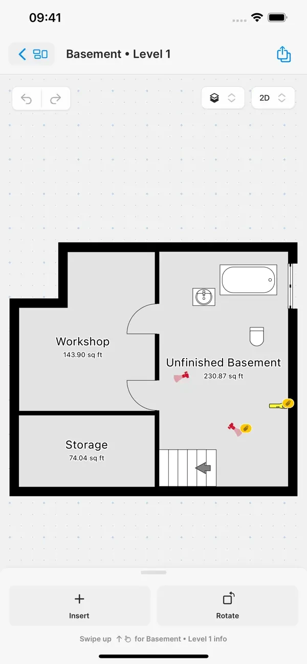 The magicplan iOS Editor screen on iPhone showing a multi-room residential floor plan in progress — walls, doors, and dimensions visible with the editing toolbar, the live 2D and 3D CAD environment contractors use to refine sketches after capture
