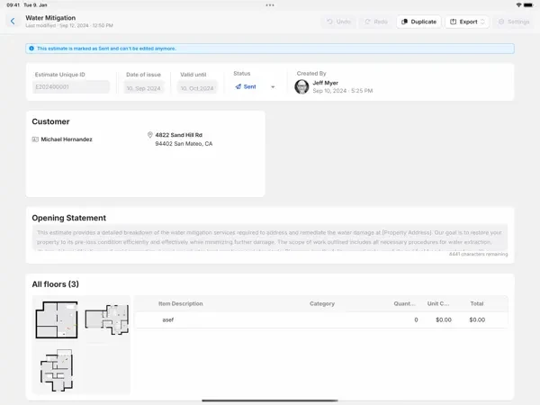 The magicplan Estimates view on iPad showing a structured restoration estimate generated from a captured floor plan — line items with quantities, unit prices, materials and labor totals, and the export buttons for Xactimate ESX and Cotality FML format ready for adjuster handoff