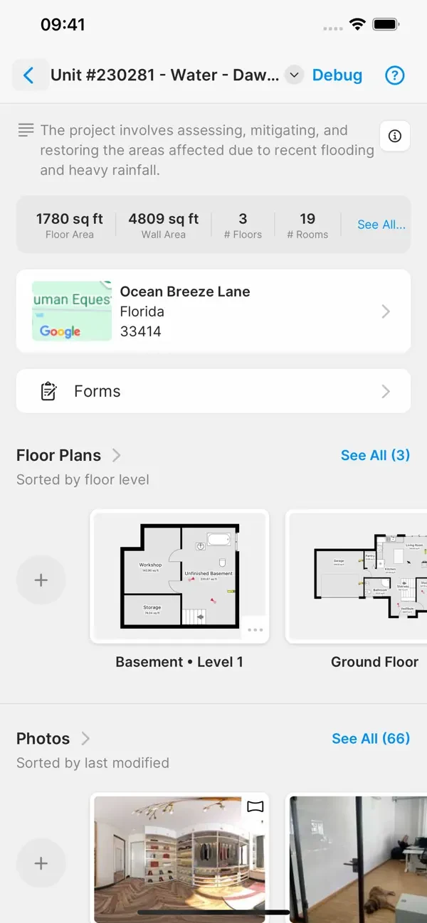 The magicplan iOS Project Overview screen showing a single restoration claim project with property address, captured photos, room thumbnails, scope notes, and the Field-to-Office sync status — the data layer that pushes to Jobber, JobNimbus, Housecall Pro, and CompanyCam via native integrations