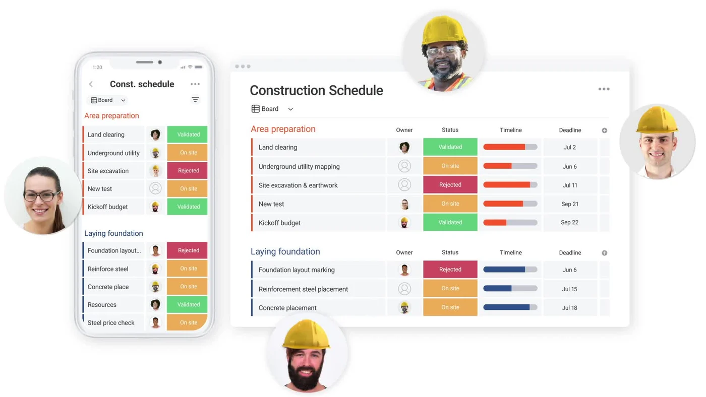 Monday.com construction board showing color-coded status columns, multiple project rows, and crew assignments visible on the same screen
