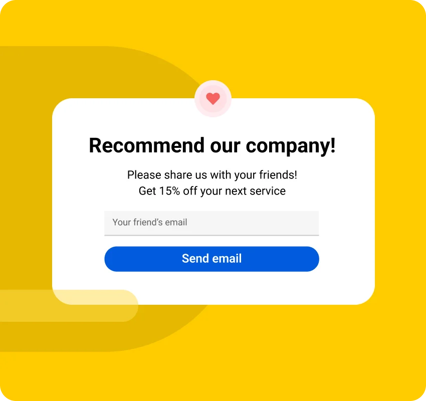 NiceJob referral widget showing a Recommend our company card with email input and 15% discount incentive