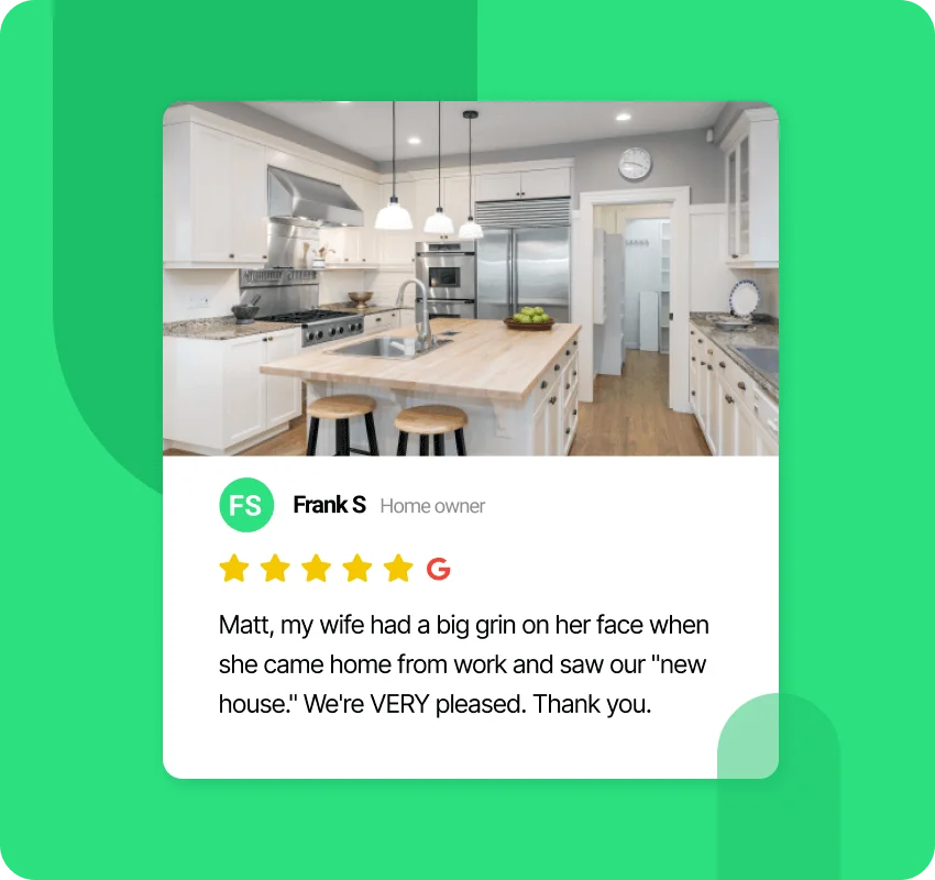 NiceJob review card showing a 5-star Google review with customer photo and review text