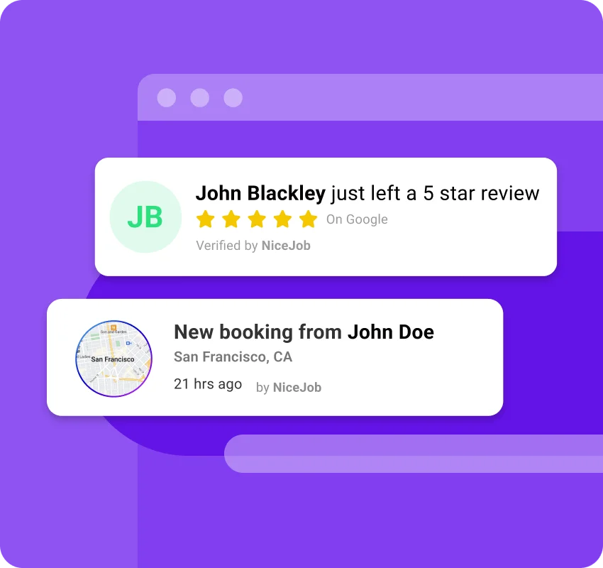 NiceJob social proof widgets showing real-time review notification popups and booking alerts on a purple background
