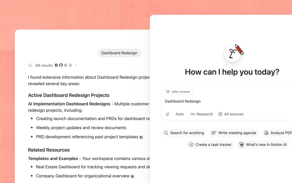Notion Enterprise Search interface showing 69 results returned for Dashboard Redesign query plus an AI assistant panel offering Search for anything, Write meeting agenda, Analyze PDF, Create a task tracker, and What's new in Notion AI options. These premium AI capabilities are gated to Business tier $20 user month annual