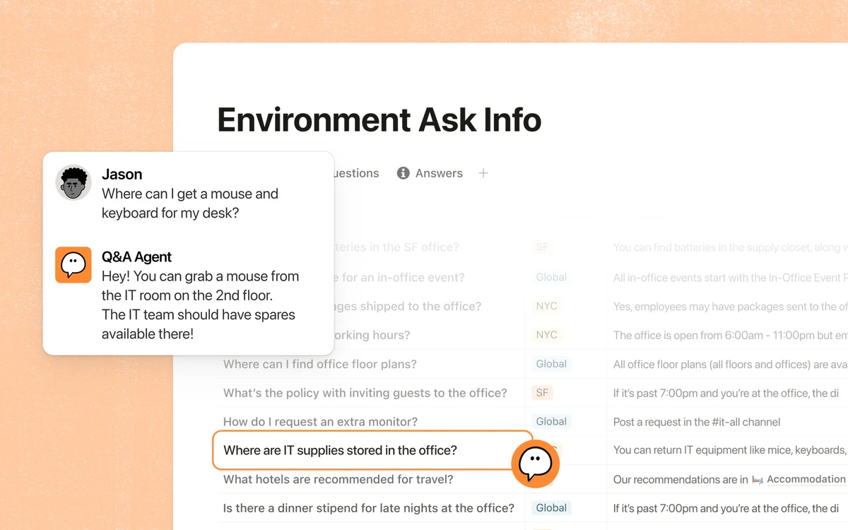 Notion Q&A Agent in action on an Environment Ask Info page — answering an employee question about office mouse and keyboard supplies with a contextually accurate response grounded in operator-provided knowledge base content. Shows the agent answering Where can I get a mouse and keyboard for my desk with Hey You can grab a mouse from the IT room on the 2nd floor