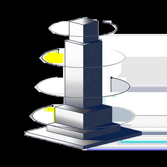 An illustration of a stacked isometric building tower with rotating capture rings around each floor, drawn in a clean line-art style with subtle blue shading on a white background, representing the OpenSpace BIM+ 3D coordination module workflow