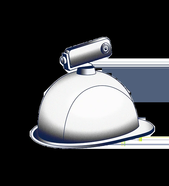 An illustration of a white construction hard hat with a 360-degree Insta360 camera mounted on top via a metal bracket and ball joint, drawn in a clean isometric line-art style with subtle blue shading, representing the OpenSpace hard-hat-mount capture workflow