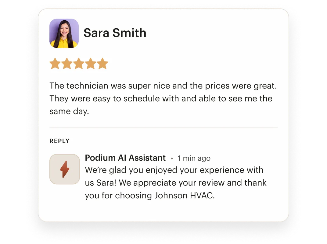 Podium AI Assistant automatically responding to a 5-star customer review for Johnson HVAC with a personalized thank-you message
