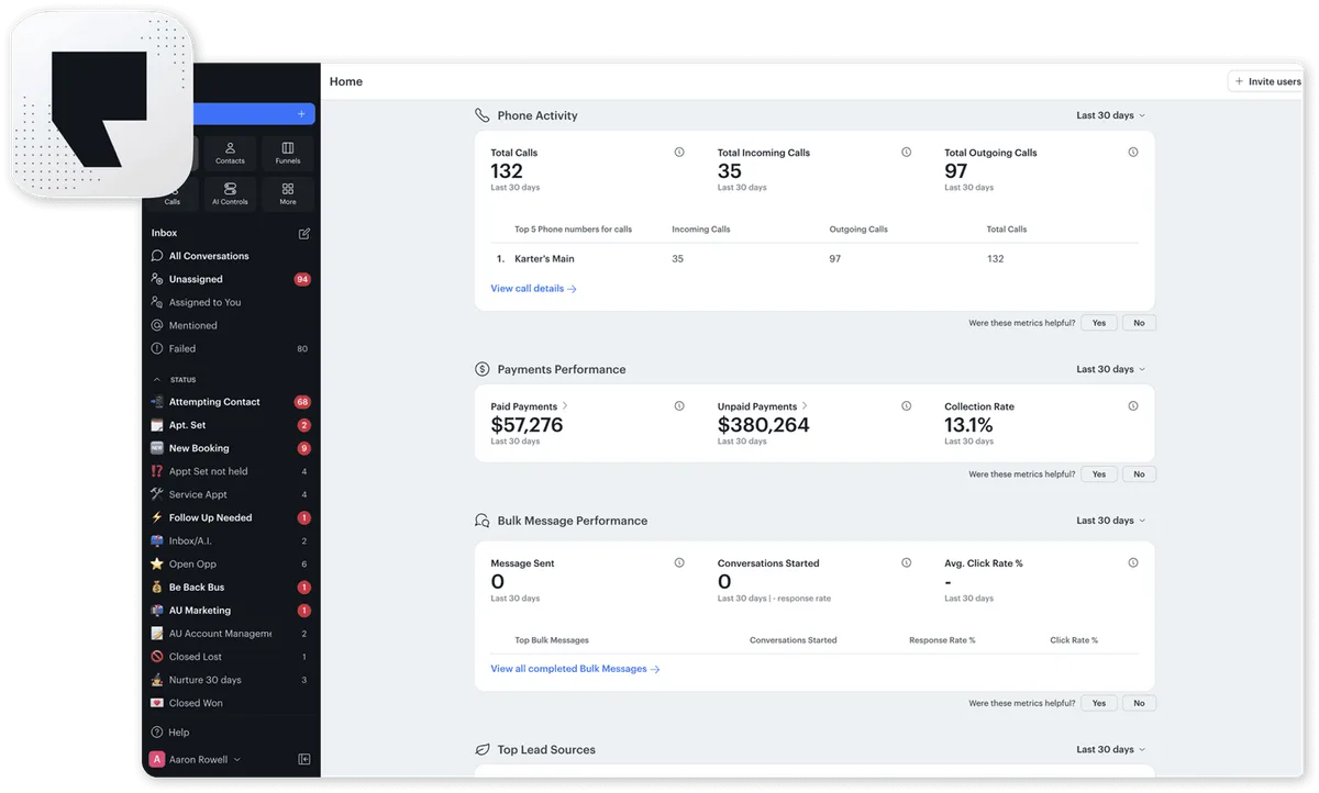 Podium home dashboard showing conversation pipeline, phone activity metrics, payment performance, and lead sources