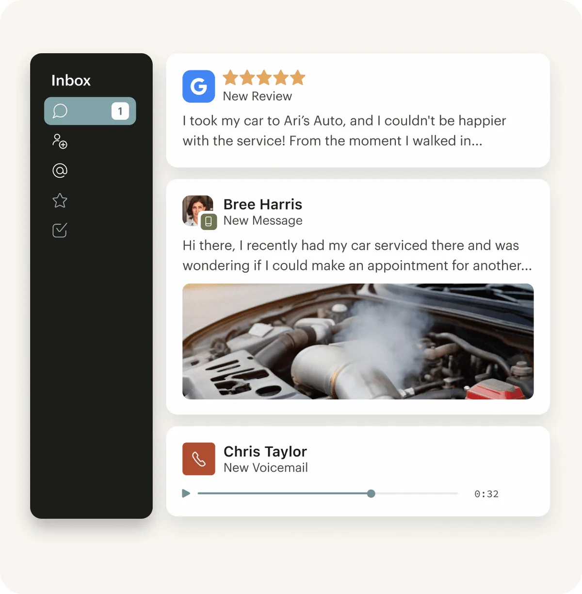 Podium unified inbox showing Google reviews, text conversations, and voicemail messages in a single feed with dark sidebar navigation
