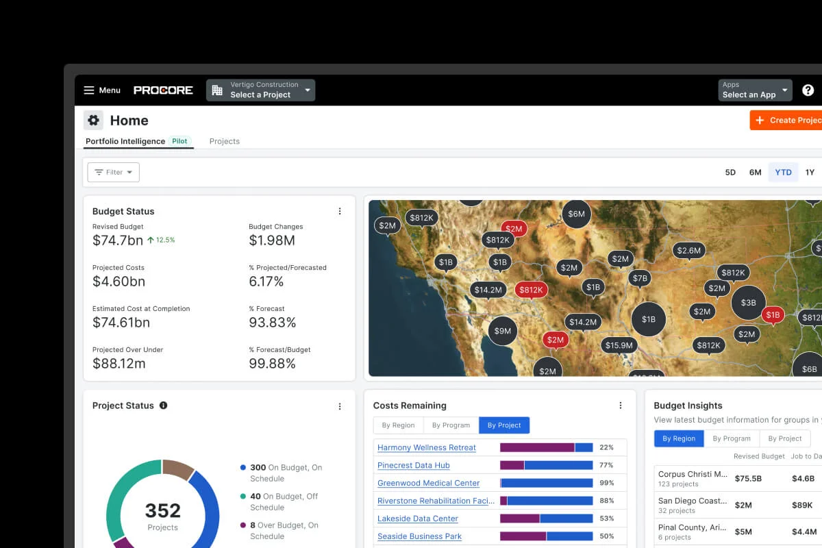 Procore Portfolio Intelligence dashboard showing $74.7bn revised budget across 352 projects with budget heatmap by region, project status donut, costs remaining bar chart, and budget insights breakdown by region, program, and project