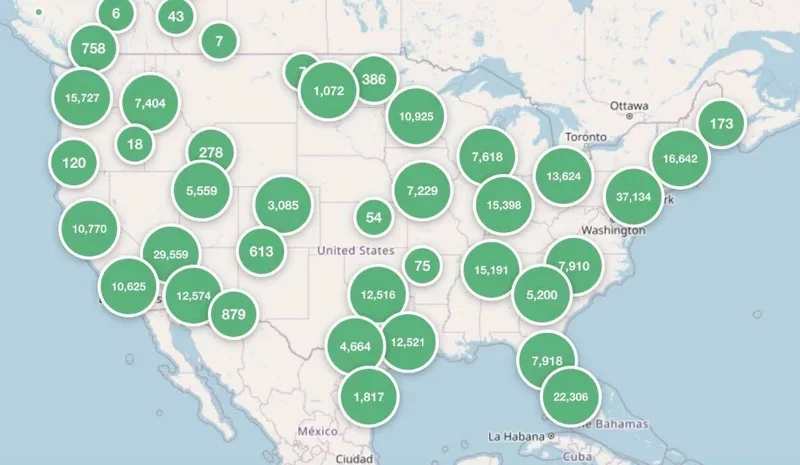 Projul customer footprint map showing project counts across all 50 US states with concentration in California, Texas, and the Mountain West