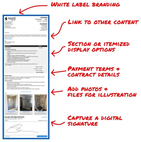 Projul estimate detail view showing white-label branding header, itemized scope sections, payment terms, contract details, photo attachments, and digital signature capture