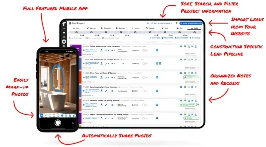 Projul mobile app and tablet dashboard showing construction lead pipeline organized by project status, photo markup tools, and automated photo sharing