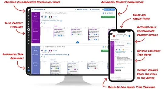 Projul scheduling view showing multiple collaborative timelines, project task breakdowns with dependencies, mobile companion view, and geofenced time tracking annotations