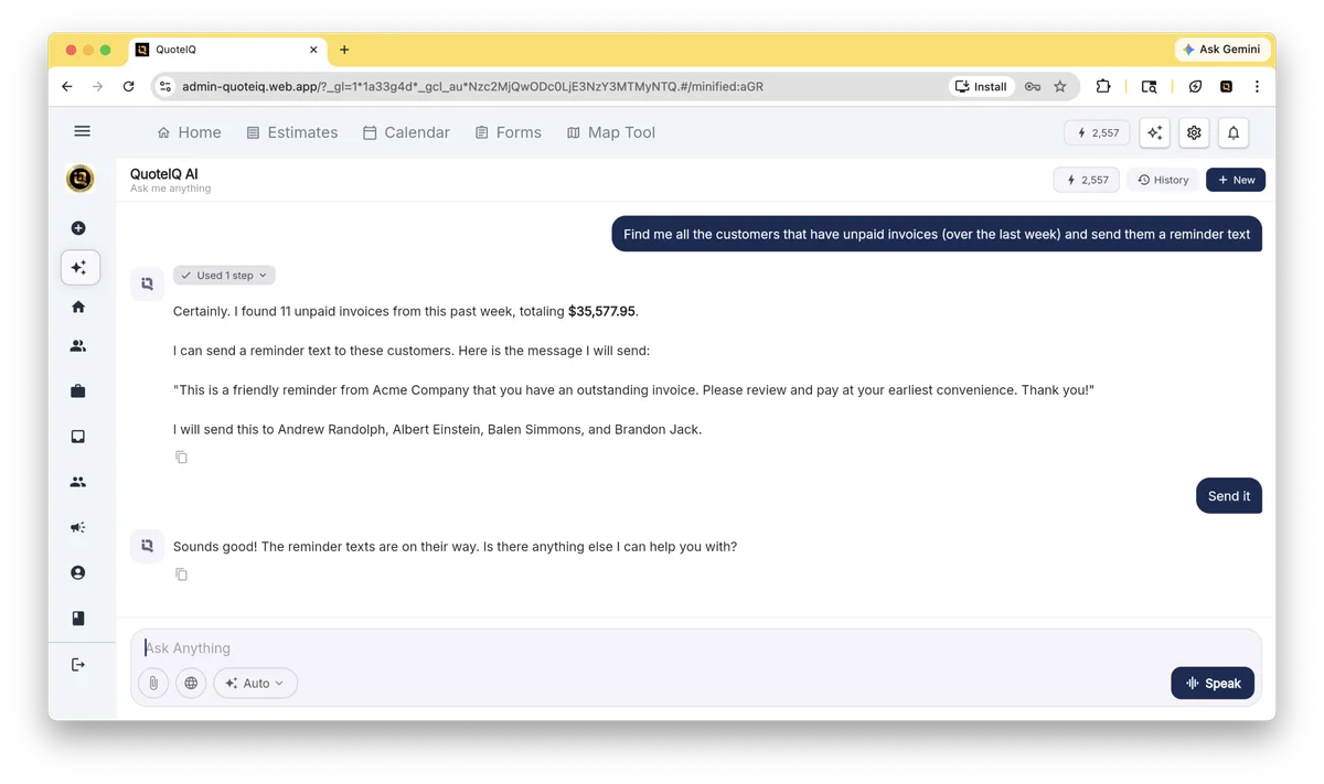 QuoteIQ AI Autopilot chat interface — natural-language CRM control with 35 integrated tools for contractor workflows