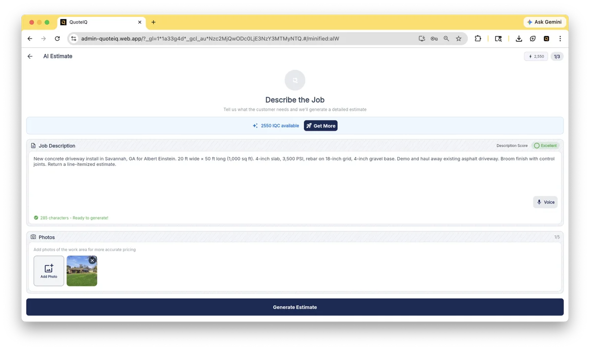 QuoteIQ AI Estimate Generator — produces priced contractor quotes from photos and job descriptions with clarifying questions