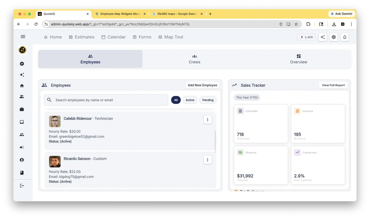 QuoteIQ EmployeeHub with Sales Team Tracker — per-employee estimate-to-invoice conversion rate and automatic commission calculation