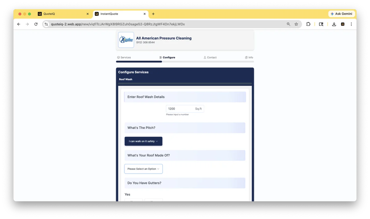 QuoteIQ InstaQuote customer self-quoting form — homeowners get instant priced contractor estimates without sales-team intervention
