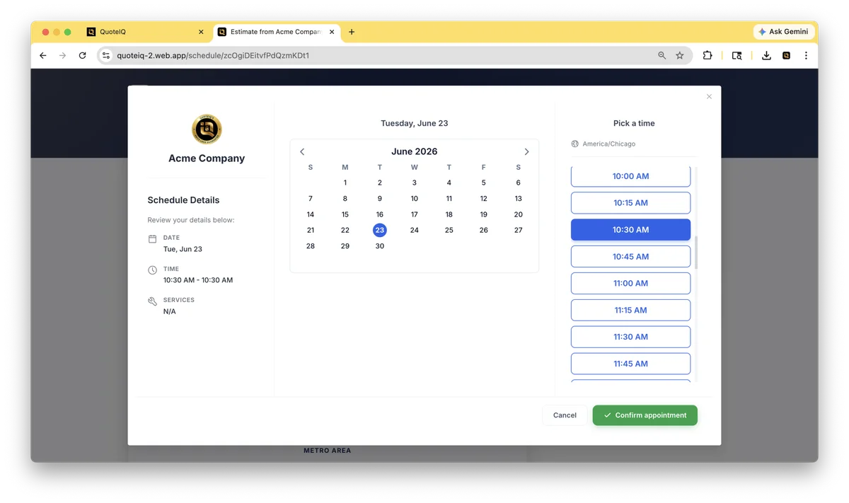 QuoteIQ InstaSchedule Calendly-inspired self-booking interface for contractor customers with team availability and company branding